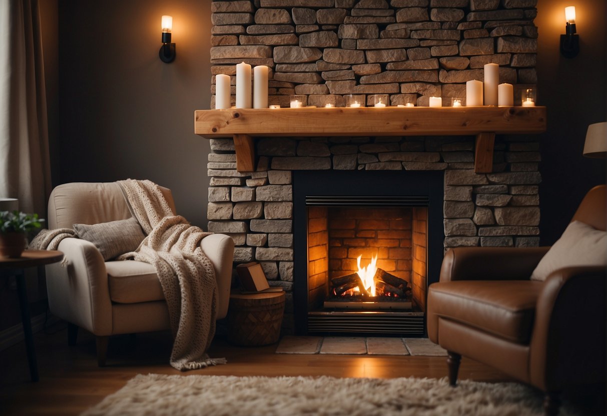 A cozy living room with natural textures, warm lighting, and personal touches. A crackling fireplace and a comfy chair invite relaxation