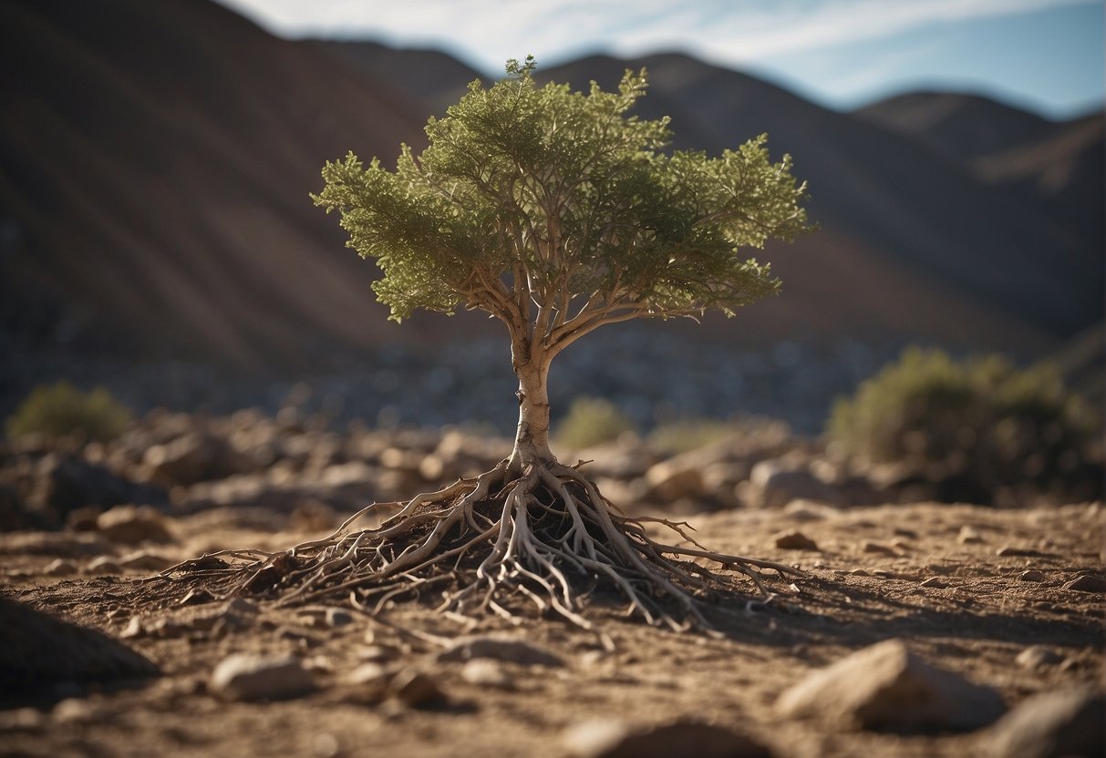 A lone tree stands tall amidst a barren landscape, its roots firmly planted in the rocky soil. The windswept branches reach out, symbolizing the challenges of authentic living