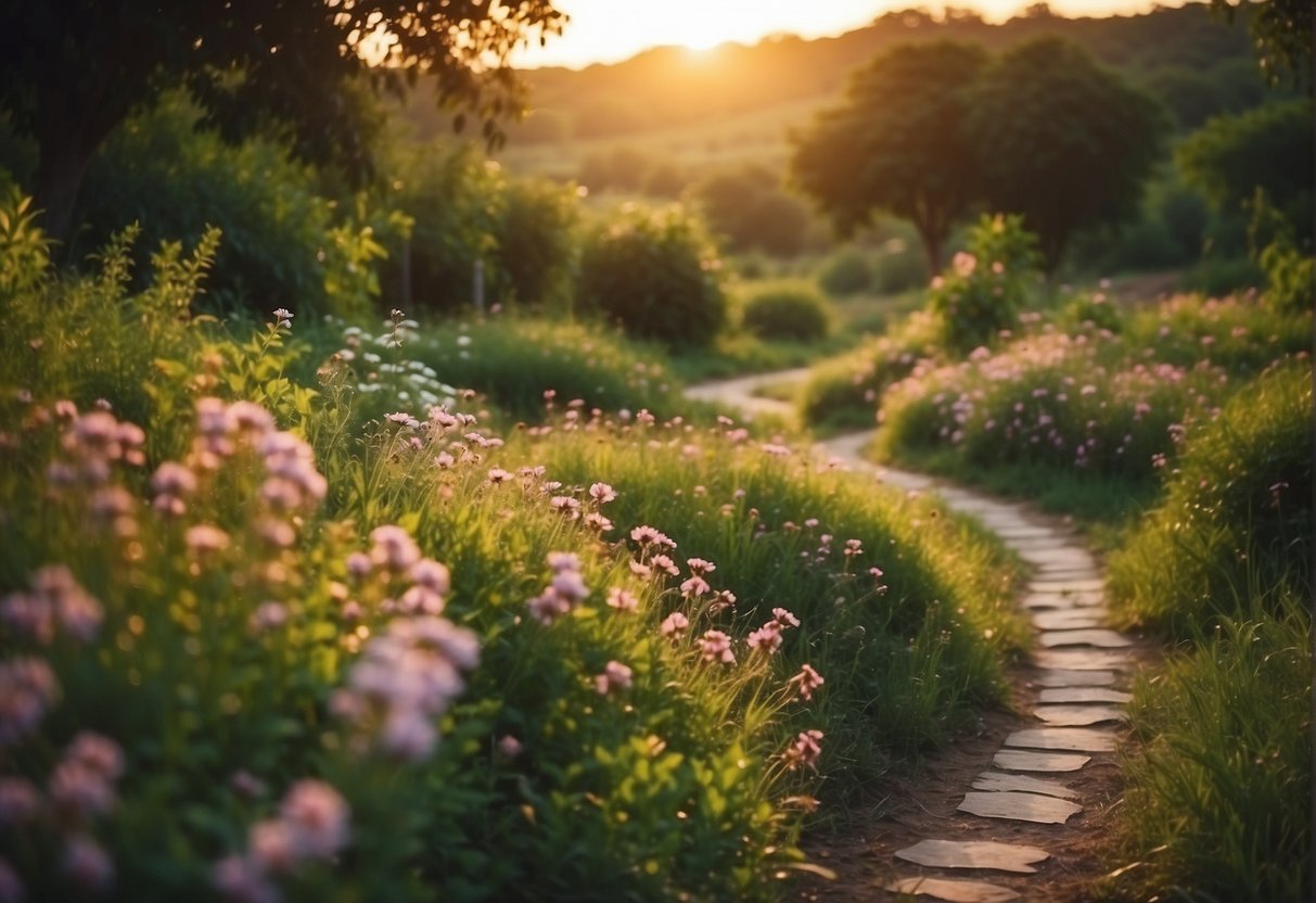 A serene landscape with a winding path leading towards a vibrant sunset, surrounded by lush greenery and blooming flowers