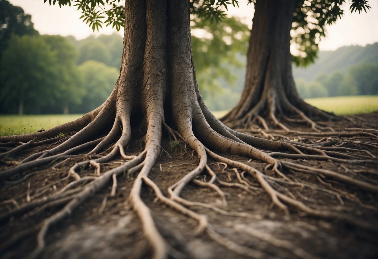Two trees standing side by side, their roots intertwined, symbolizing the authentic connection and support found in deep, meaningful relationships