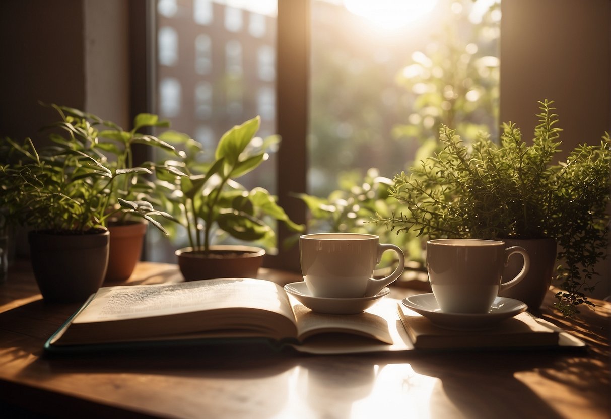 A cozy, sunlit room with plants, books, and a yoga mat. A cup of herbal tea sits on a table. The space feels peaceful and inviting
