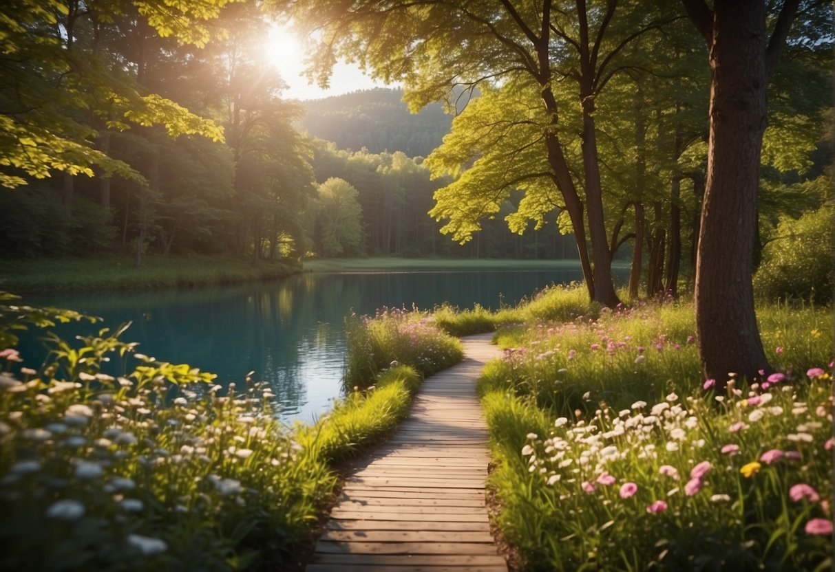 A serene forest with a winding path leading to a peaceful lake, surrounded by vibrant greenery and colorful flowers. Sunlight filters through the trees, casting a warm glow on the scene