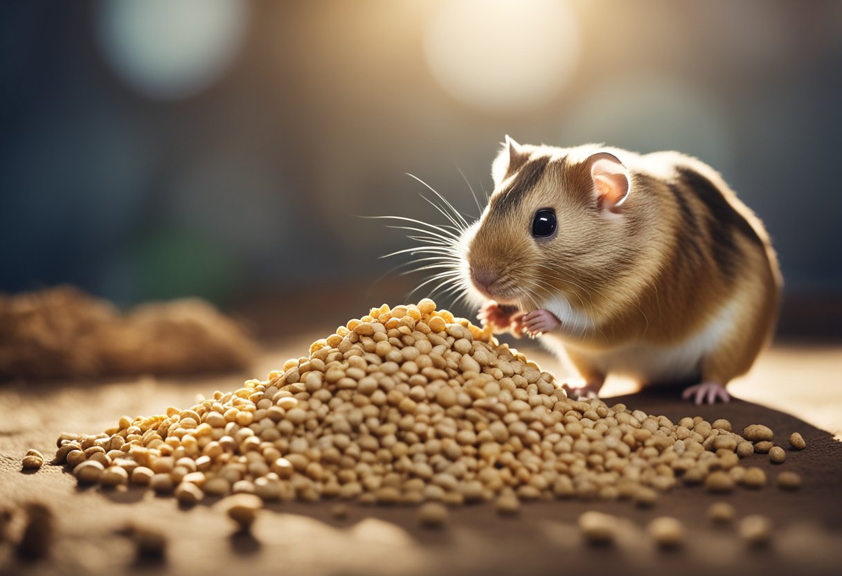A gerbil stands next to a pile of guinea pig food, sniffing at it with curiosity