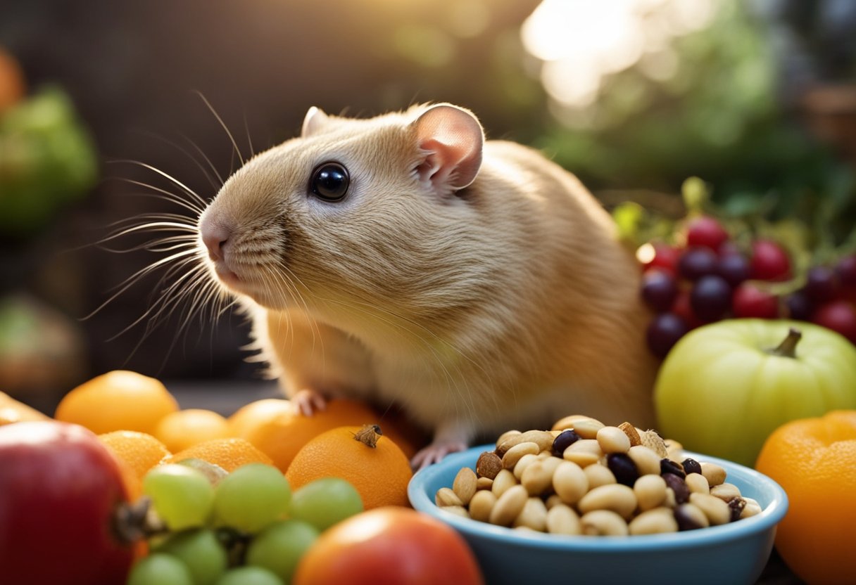 A gerbil nibbles on guinea pig food, surrounded by various fruits, vegetables, and seeds. The gerbil's small body and curious expression show its interest in exploring its nutritional options