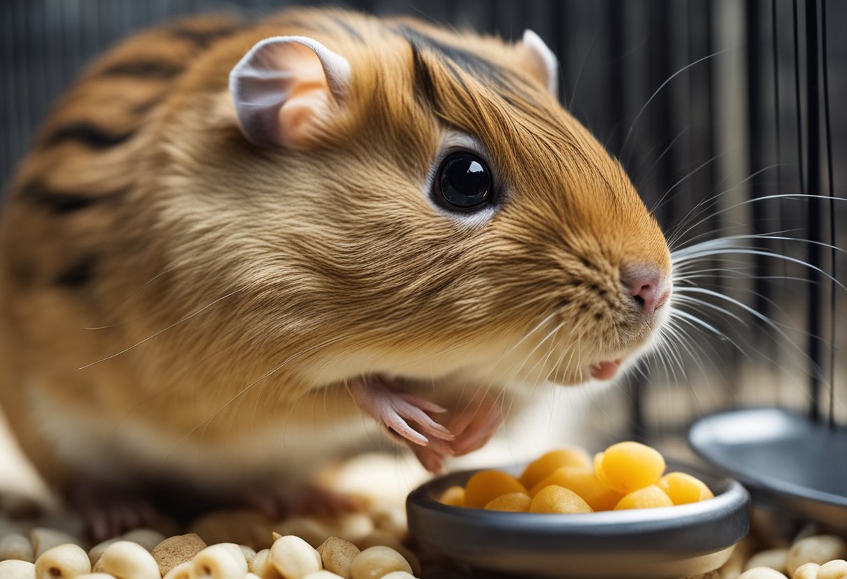 A gerbil nibbles on guinea pig food in a cage