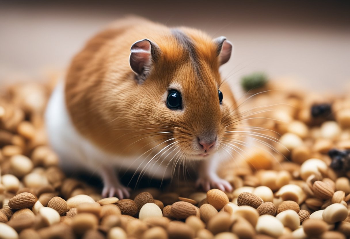 A gerbil sniffs at a pile of guinea pig food, its whiskers twitching with curiosity