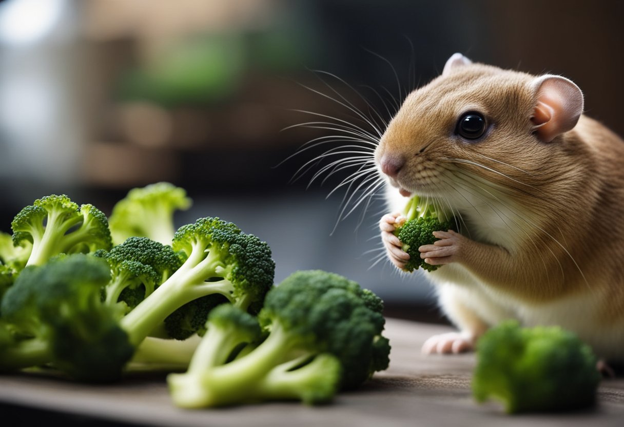 A gerbil nibbles on a piece of broccoli, its small paws holding the green vegetable as it chews