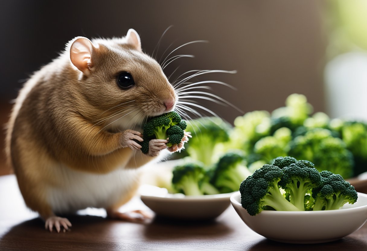A gerbil sits near a bowl of broccoli, sniffing it cautiously. The gerbil's whiskers twitch as it contemplates whether to take a bite