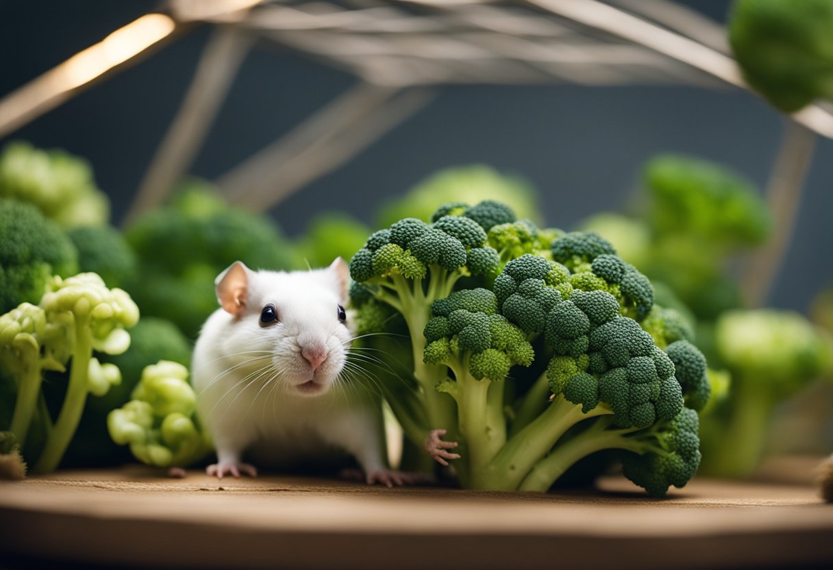 A pile of broccoli sits next to a cage of gerbils, their noses twitching as they sniff the green florets