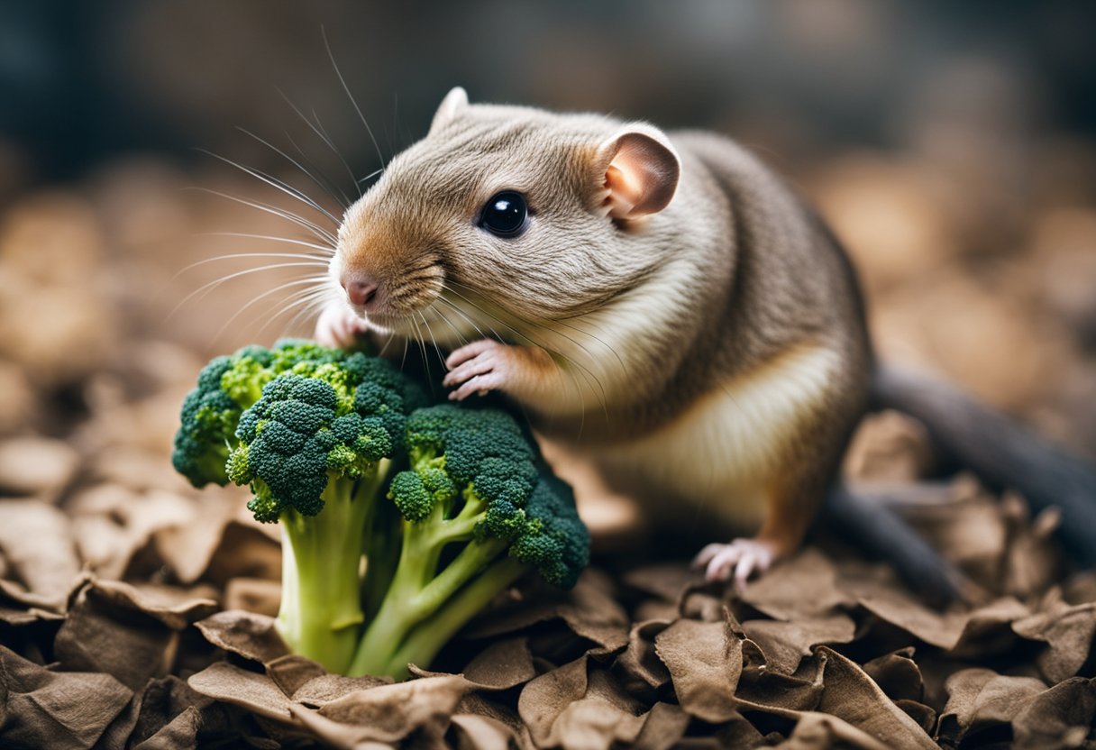 A gerbil nibbles on a piece of broccoli in a cage