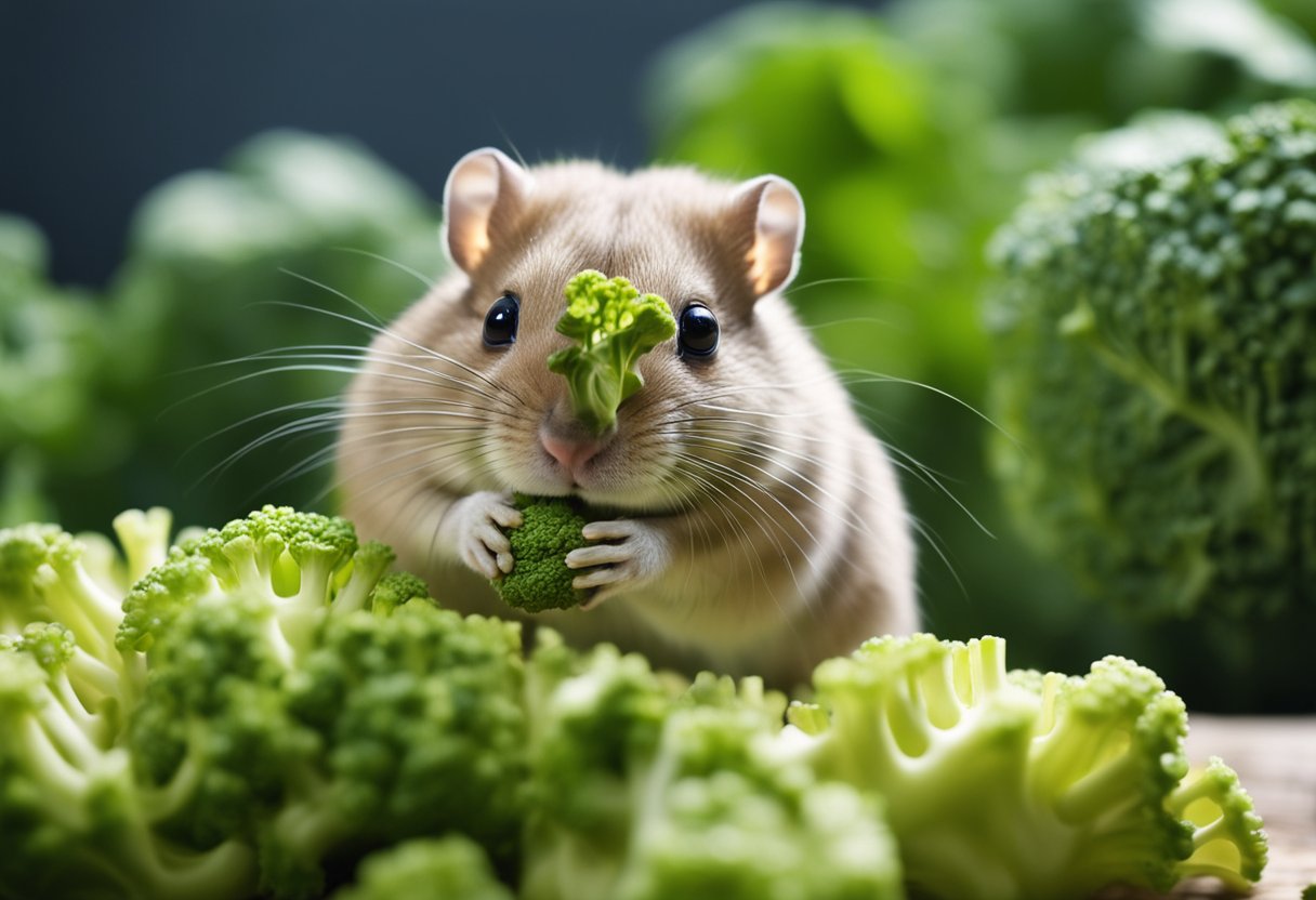 A gerbil eagerly nibbles on a piece of broccoli, its tiny paws holding the green vegetable as it munches away