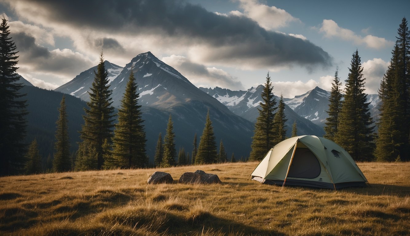 A rugged, remote wilderness setting with a small, lightweight tent pitched on a grassy clearing surrounded by tall trees and a distant mountain range