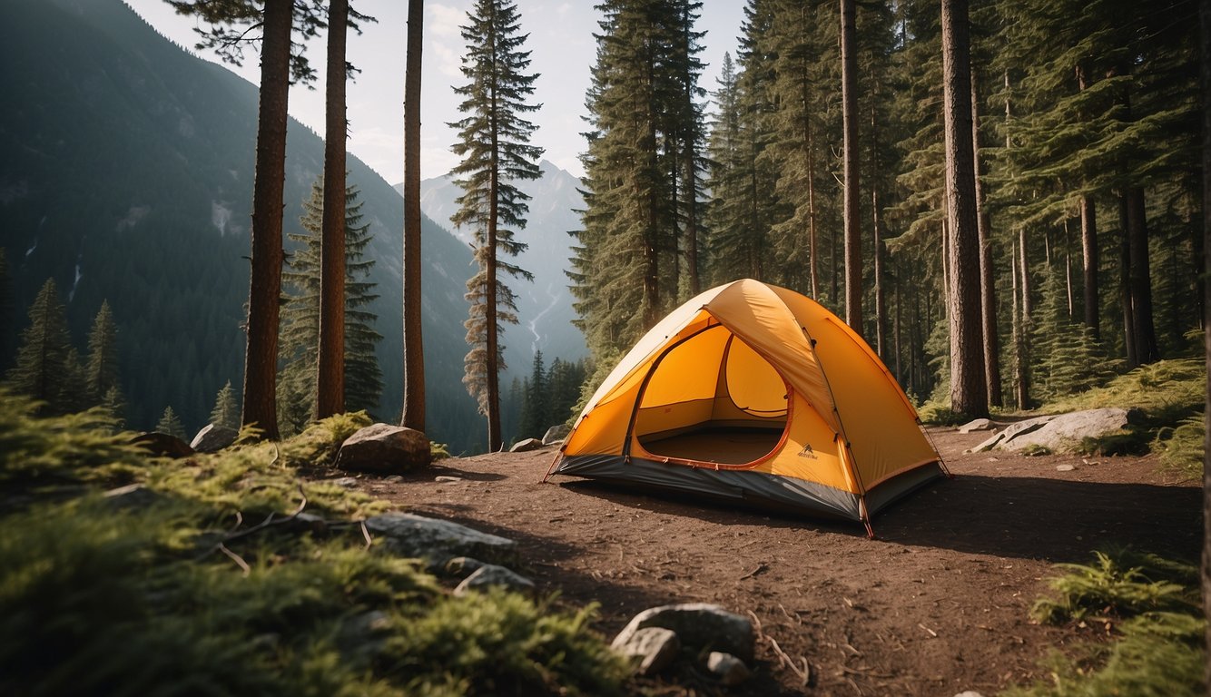 A rugged, lightweight tent pitched in a remote wilderness setting, surrounded by tall trees and a serene mountain backdrop