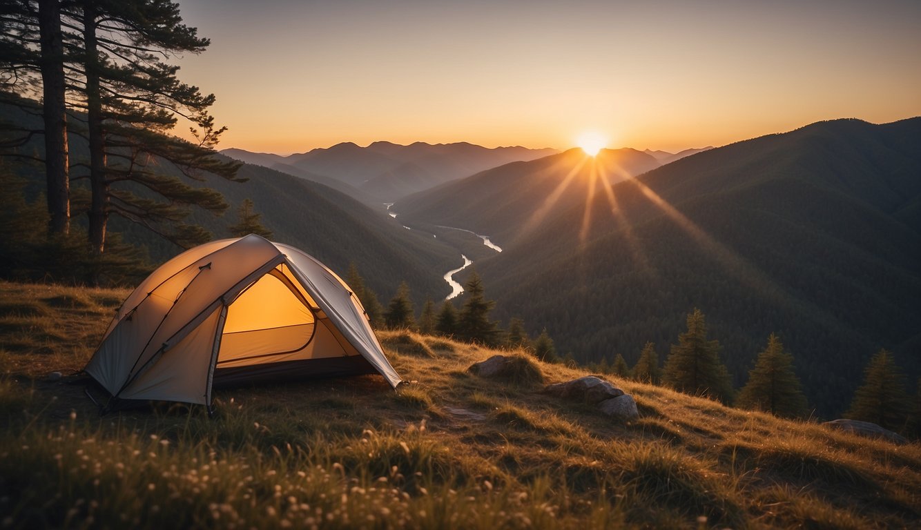 A lone ultralight tent pitched on a rugged mountainside, surrounded by dense forest and a winding river. The sun sets in the distance, casting a warm glow over the scene