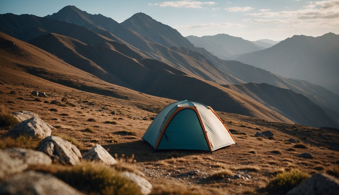 A lone ultralight tent perched on a remote mountain ridge, surrounded by rugged terrain and a vast expanse of untouched wilderness