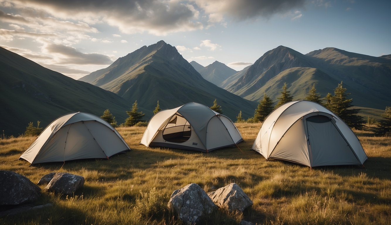 A group of ultralight tents pitched in a remote wilderness setting, surrounded by rugged terrain and lush vegetation