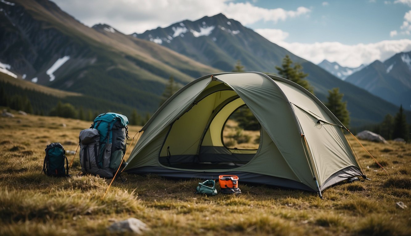 A rugged, ultralight tent stands alone in a vast wilderness. Nearby, a small pile of camping accessories and add-ons lay ready for use