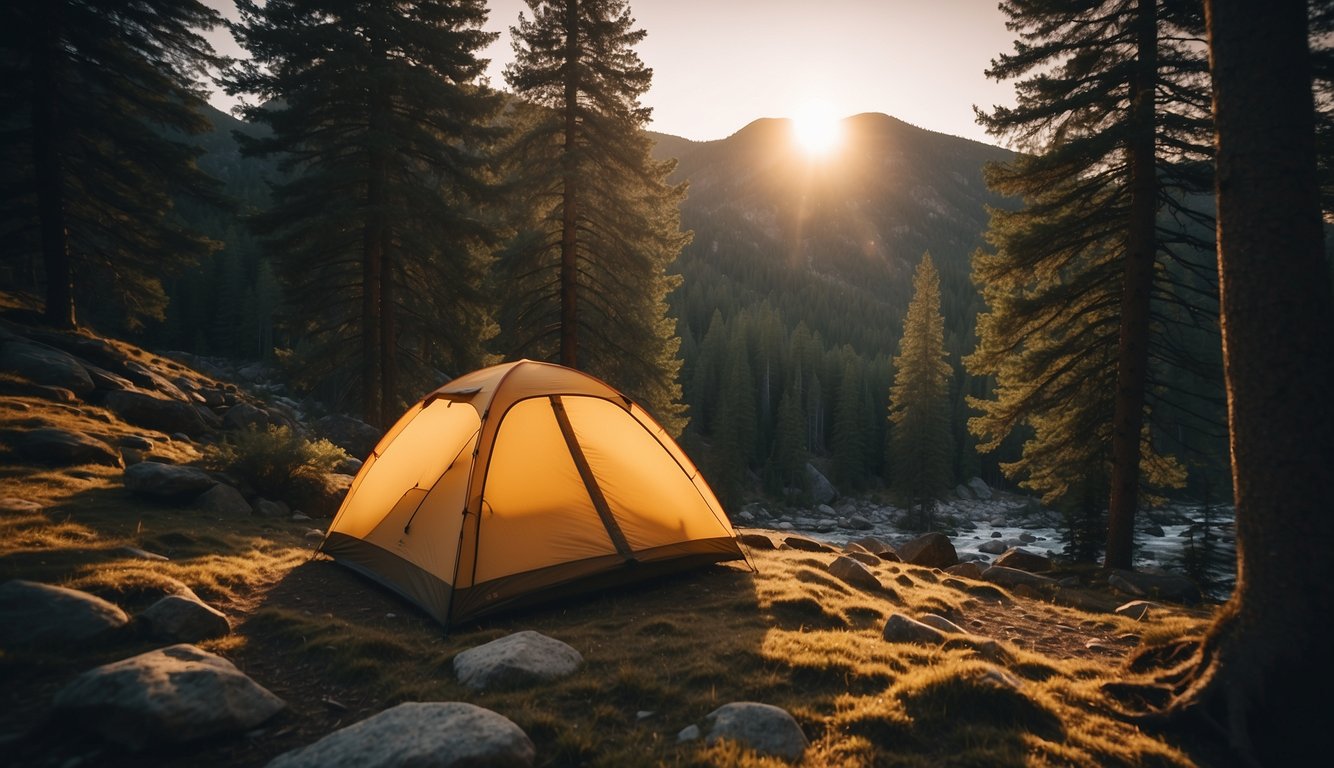 A lone ultralight tent perched on a rugged mountainside, surrounded by towering pine trees and a crystal-clear stream. The sun is setting, casting a warm glow over the serene wilderness