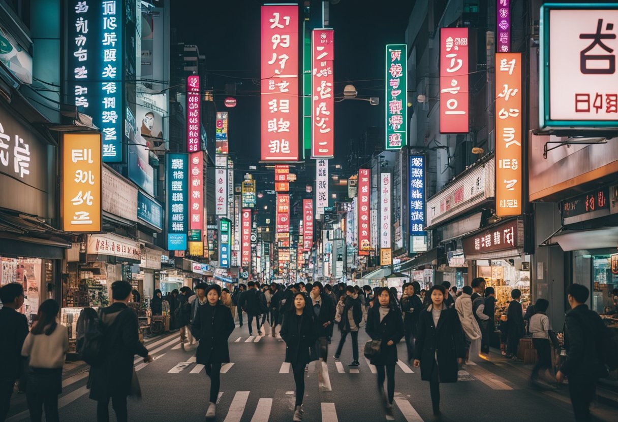A bustling street in Gangnam with neon signs and crowded shops