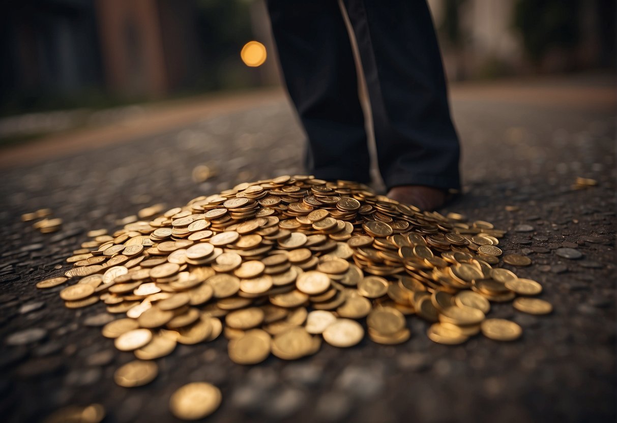 A pile of shiny gold coins scattered on the ground, with a character in the background holding a knife and looking around cautiously