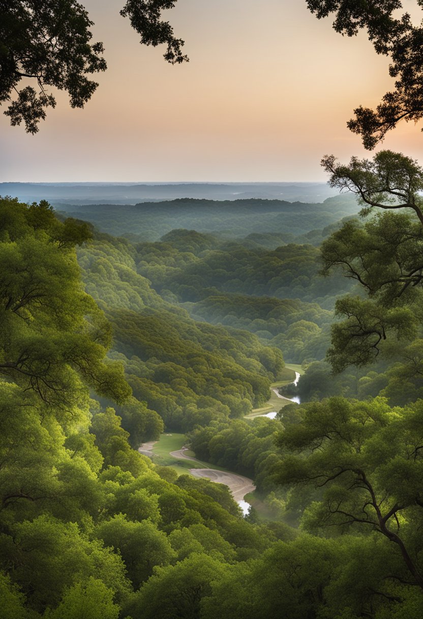 A scenic overlook in Cameron Park, Waco, with lush greenery, winding trails, and a panoramic view of the surrounding landscape