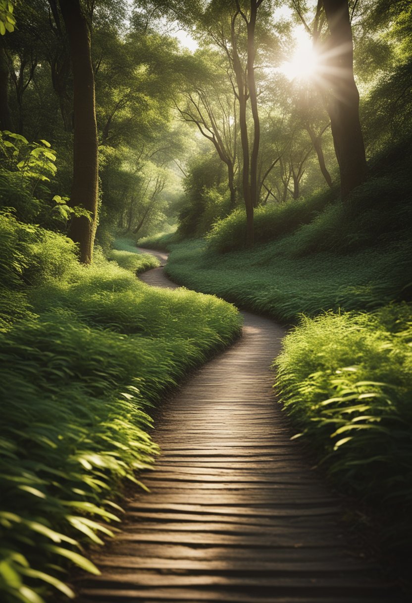 A winding trail cuts through lush greenery, leading to a serene clearing. The sun filters through the trees, casting dappled shadows on the ground