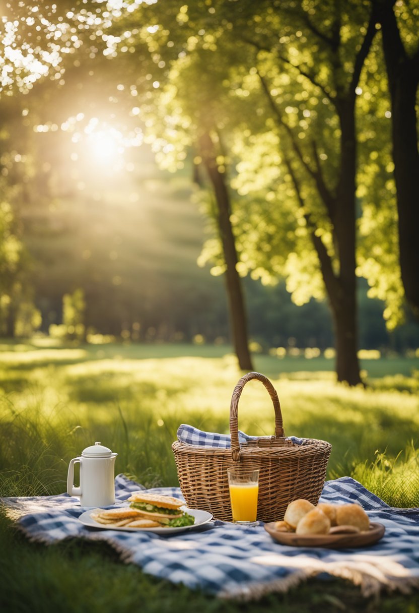 A sunny clearing in the park with a checkered blanket, a wicker basket, and a spread of food and drinks. Trees and grass surround the area, with a nearby trail leading off into the distance