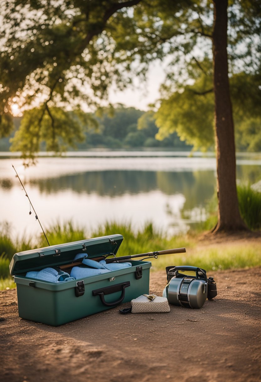 A serene riverbank with fishing poles, a tackle box, and a picnic blanket set against the backdrop of Cameron Park in Waco