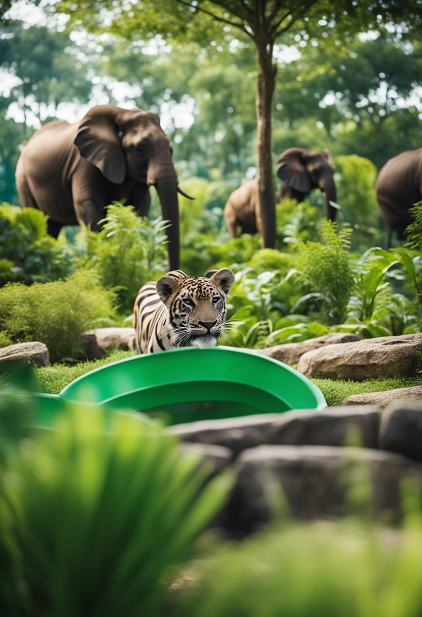 Colorful zoo animals roam in lush green habitats, while families gather to watch engaging animal shows and explore interactive exhibits