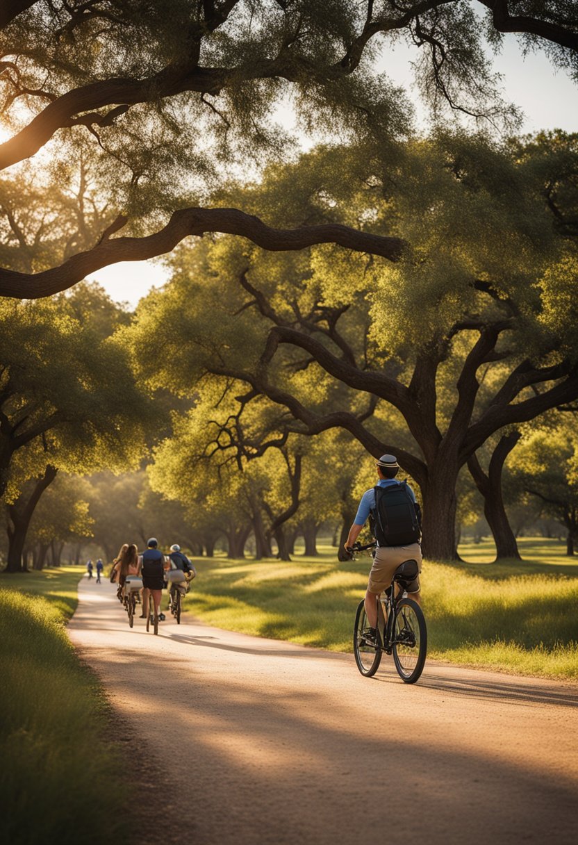 People hiking, biking, and picnicking in Cameron Park, Waco. Trees, trails, and a river create a scenic outdoor landscape