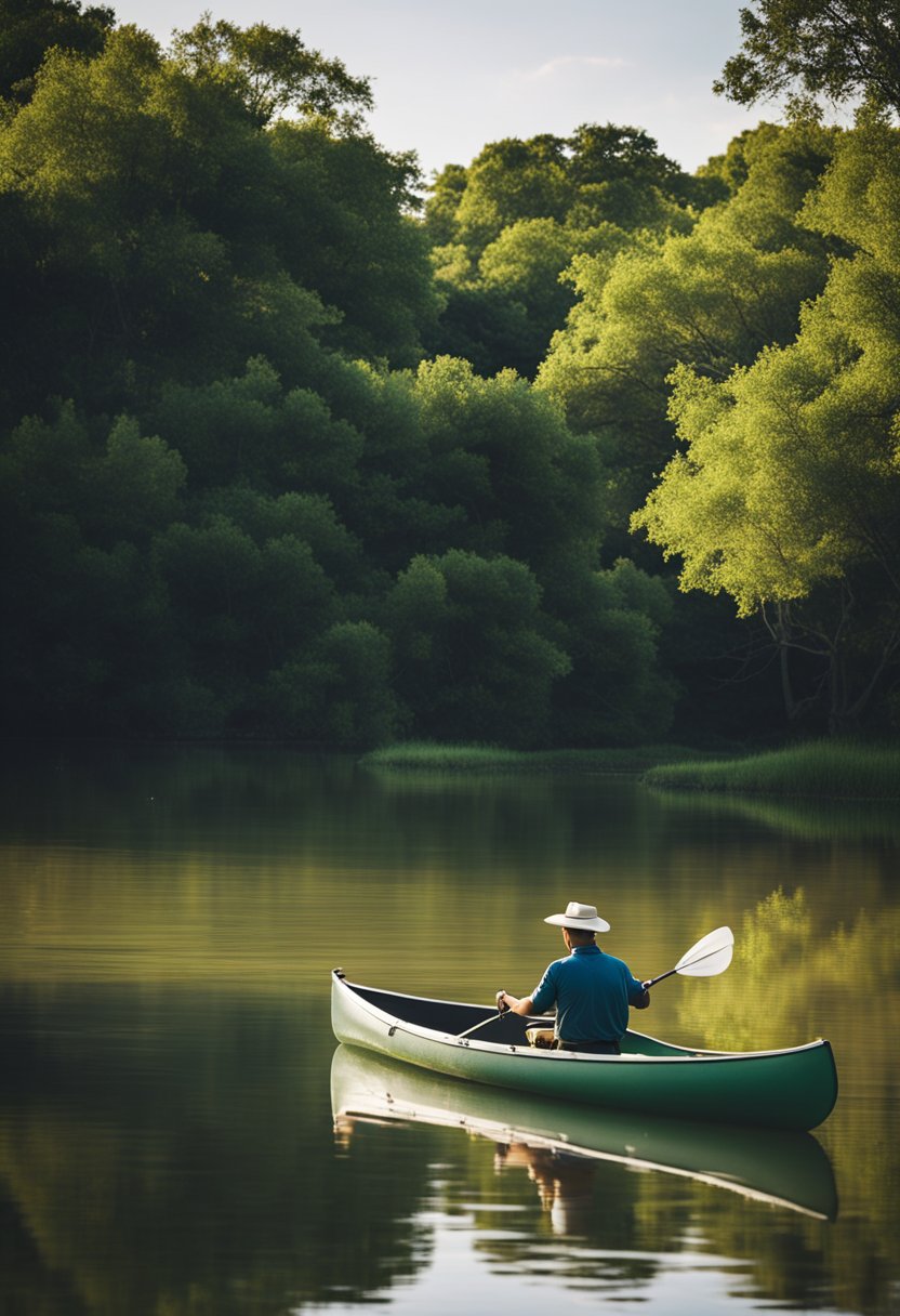 A canoe glides on the tranquil water, a fisherman casts a line from the shore, surrounded by lush greenery in Cameron Park, Waco