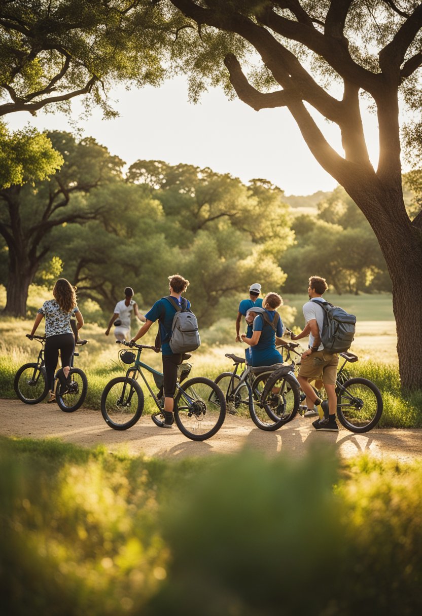 People enjoying outdoor activities in Cameron Park, Waco. Hiking, picnicking, and biking along the trails. A lively atmosphere with families and friends gathering