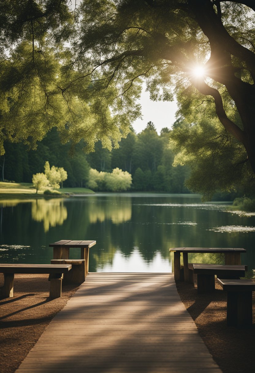 A serene park with walking trails, picnic areas, and a peaceful lake surrounded by lush greenery