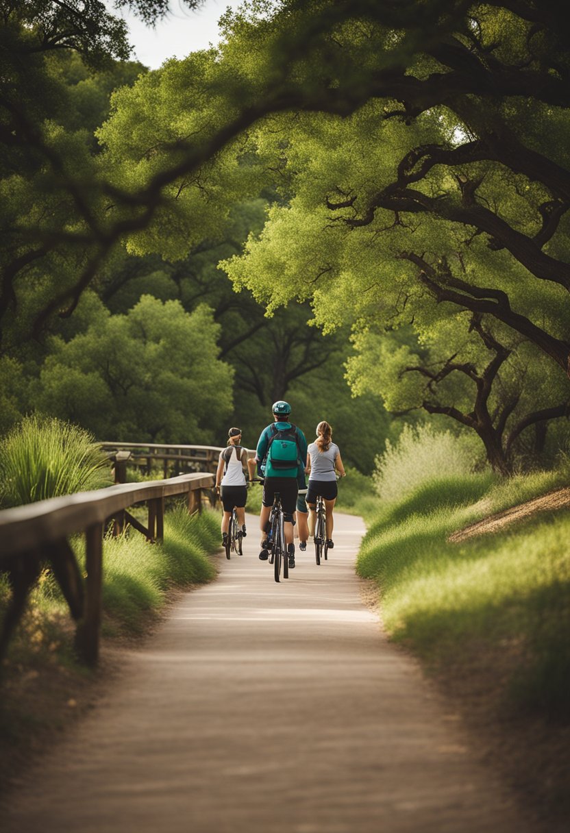 People hiking, biking, and picnicking in Cameron Park, Waco. Lush greenery, winding trails, and scenic overlooks