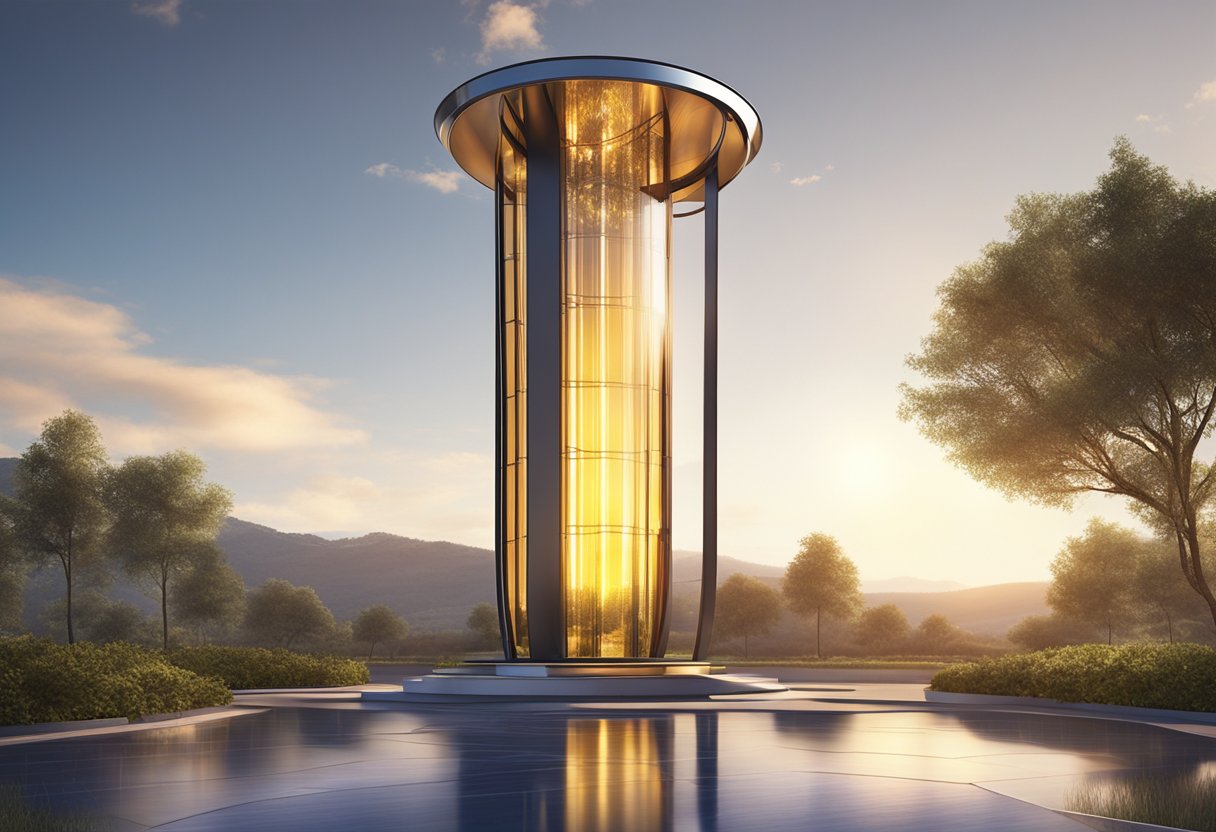 The solar tower stands tall, absorbing sunlight to generate energy for a home. Its sleek design and reflective panels capture the sun's rays efficiently