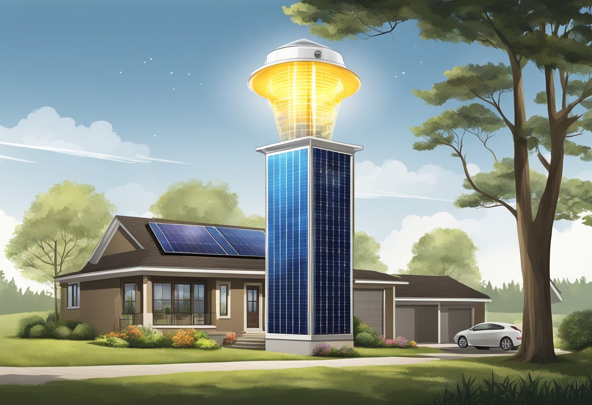 A solar tower stands tall on a residential property, harnessing sunlight to power the home. Panels capture and convert energy, providing sustainable electricity