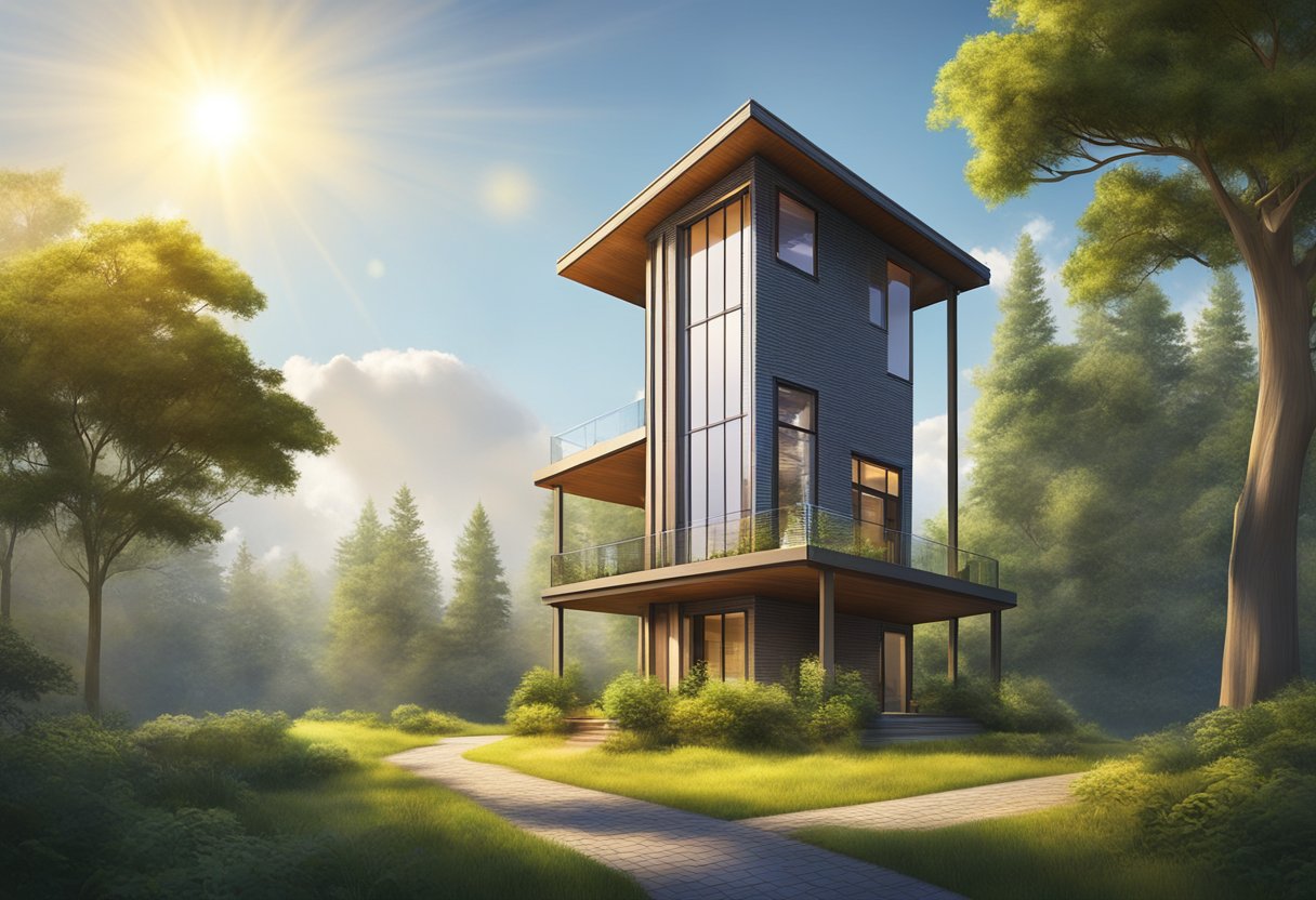A solar tower stands tall, harnessing sunlight to power a home. Surrounded by greenery, it emits no harmful emissions, showcasing environmental impact and efficiency