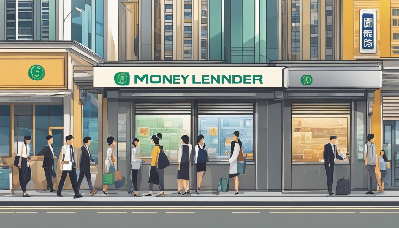 A money lender's sign hangs on a bustling Singapore street, with people entering and exiting the office. The logo and contact information are prominently displayed, conveying professionalism and trustworthiness
