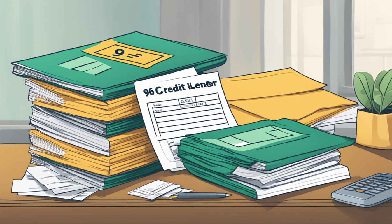 A stack of FAQ papers and a sign reading "96 credit money lender" on a desk