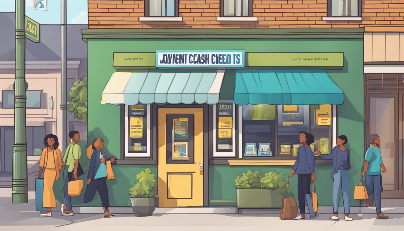 A licensed money lender provides cash loans in a storefront with a sign that reads "advance cash credit." Customers are seen entering and exiting the establishment