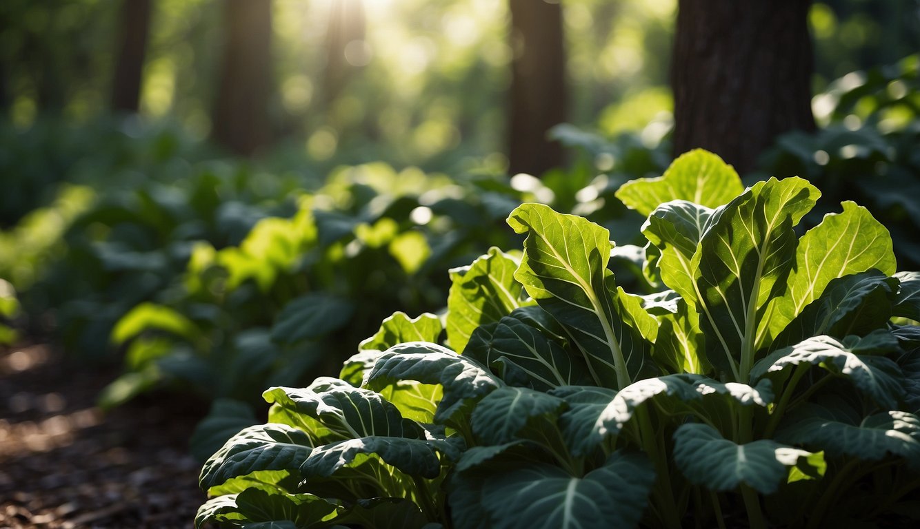 Lush green leafy vegetables thrive in dappled sunlight, surrounded by tall trees. The gentle rays filter through the branches, creating a perfect environment for growing a variety of shade-loving veggies