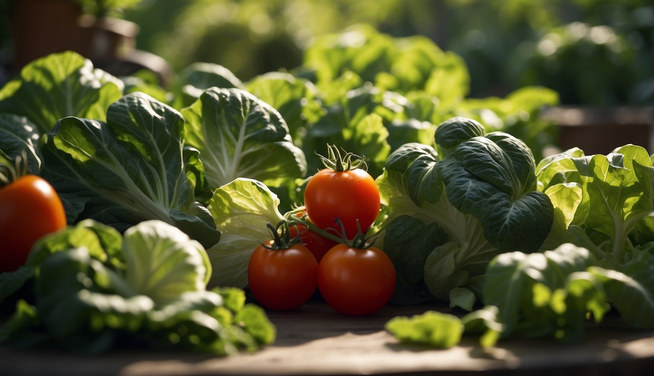 Lush green vegetables thrive in dappled sunlight, with leaves reaching towards the filtered rays. Tomatoes, lettuce, and spinach flourish in partial shade, their vibrant colors illuminated by the gentle sun