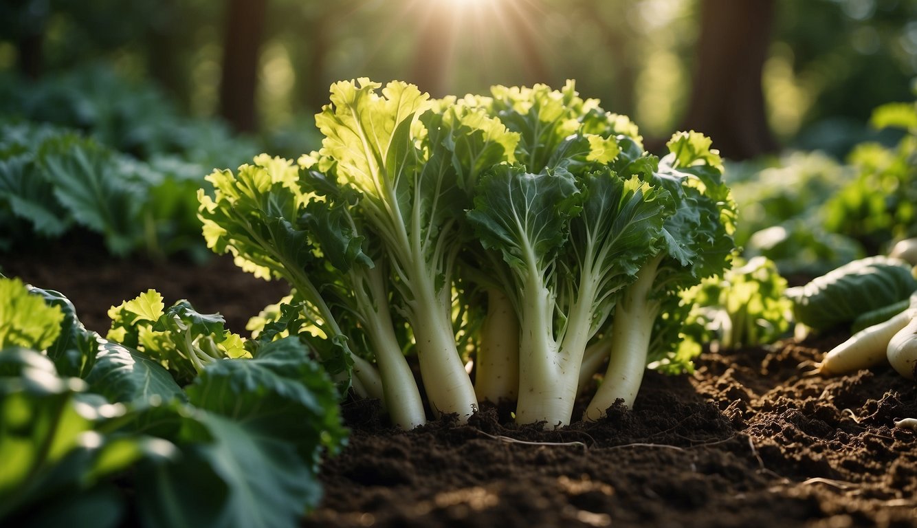Lush green vegetables thrive in dappled light, surrounded by tall trees. A variety of leafy greens and root vegetables grow in the cool, shaded garden