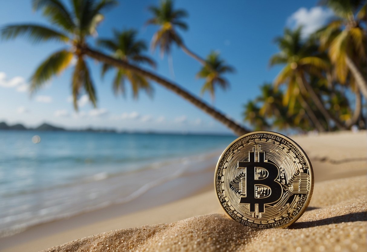 A digital currency logo stands on a pristine beach with palm trees and clear blue water in the background