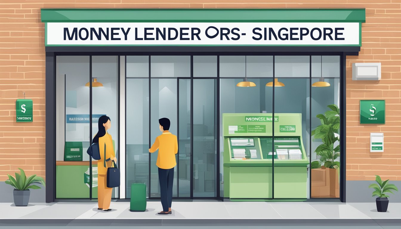 A licensed moneylender's office with a sign displaying "Money Lender License Singapore" on the door