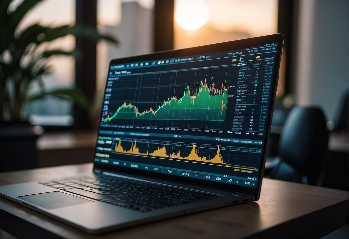 A computer screen displays cryptocurrency charts and investment strategies from Palm Beach Research Group