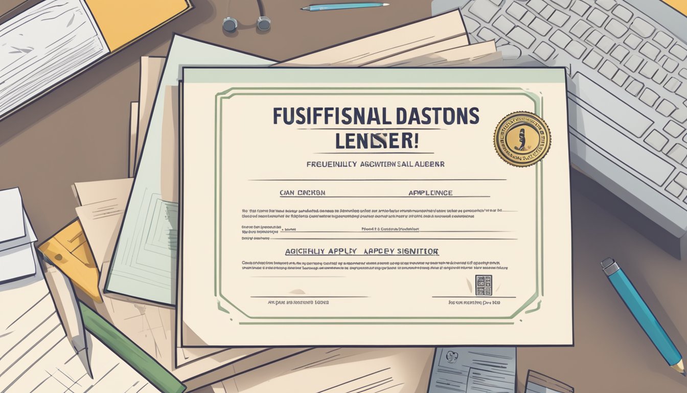 A stack of official documents and a license certificate on a desk with a sign that reads "Frequently Asked Questions apply money lender license Singapore."