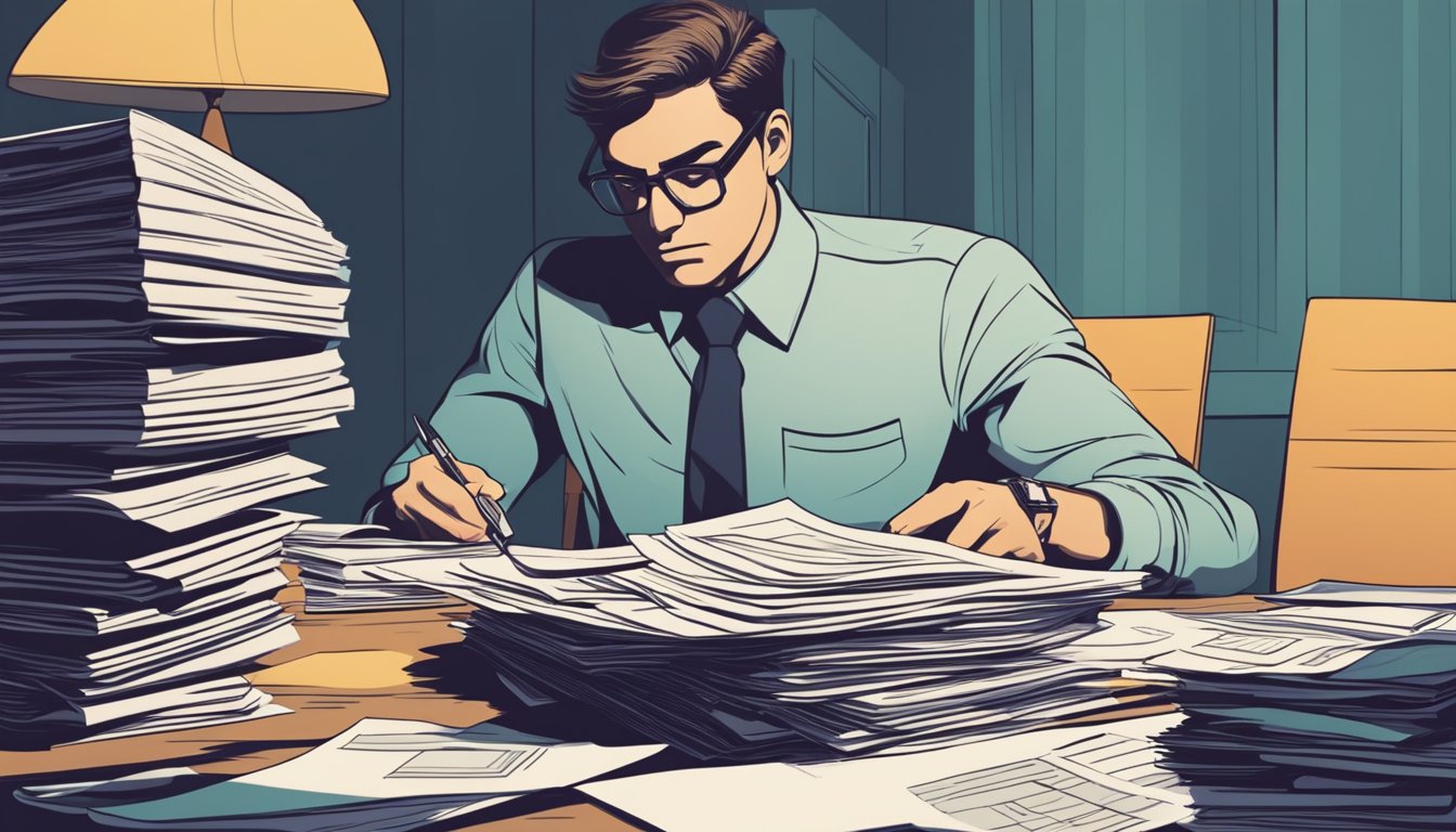 A pile of unpaid bills and loan contracts on a desk, with a shadowy figure lurking in the background