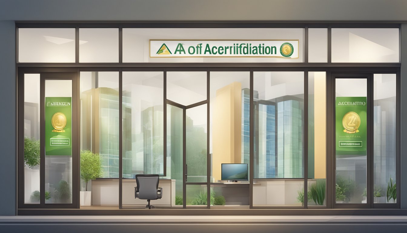 An official seal of accreditation displayed on a money lender's office window