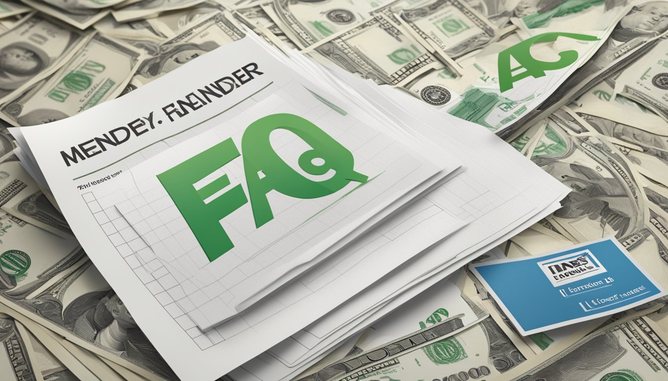 A stack of FAQ sheets next to a money lender's logo